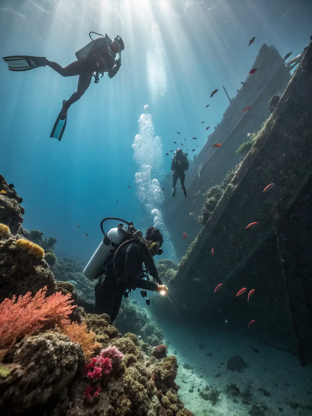 Divers removing ghost nets from a coral reef during an AMORE LES POISSONS underwater cleanup operation. The image should highlight the beauty of the reef and the threat posed by the nets.