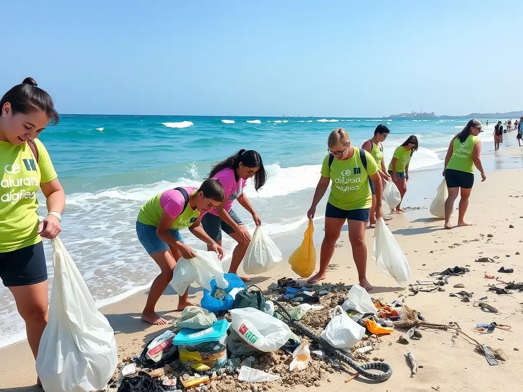 A group of volunteers collecting trash from a beach with clear waters and marine life in the background, symbolizing the Marine Environment Cleanup program.