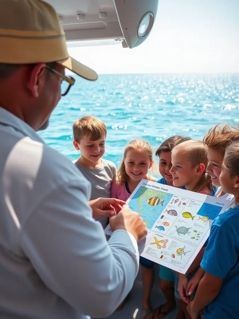 A group of children participating in an educational program about marine life and conservation, organized by AMORE LES POISSONS. The setting is a coastal environment.