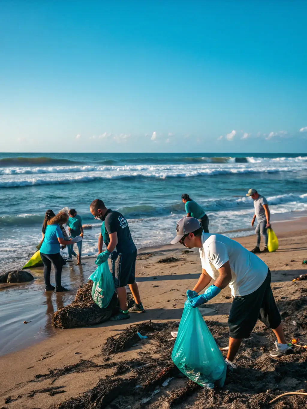 A group of volunteers removing plastic bottles and debris from a beach during an AMORE LES POISSONS marine cleanup event. The image should convey a sense of community and environmental responsibility.