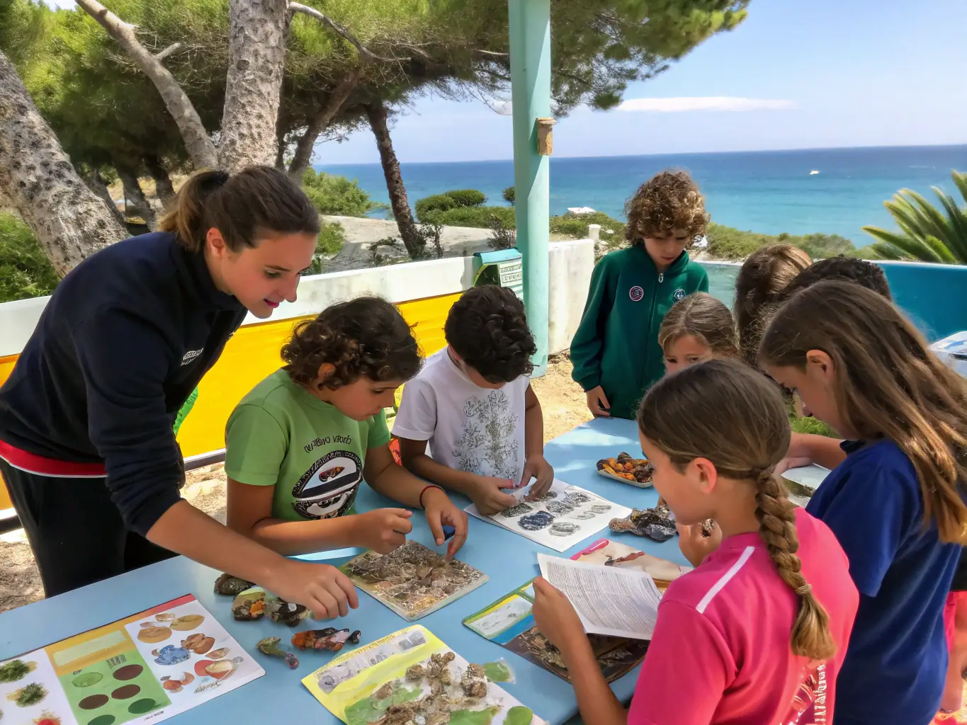 A photograph showcasing educational materials being used during a workshop on marine ecosystem preservation. The setting should be engaging and informative.