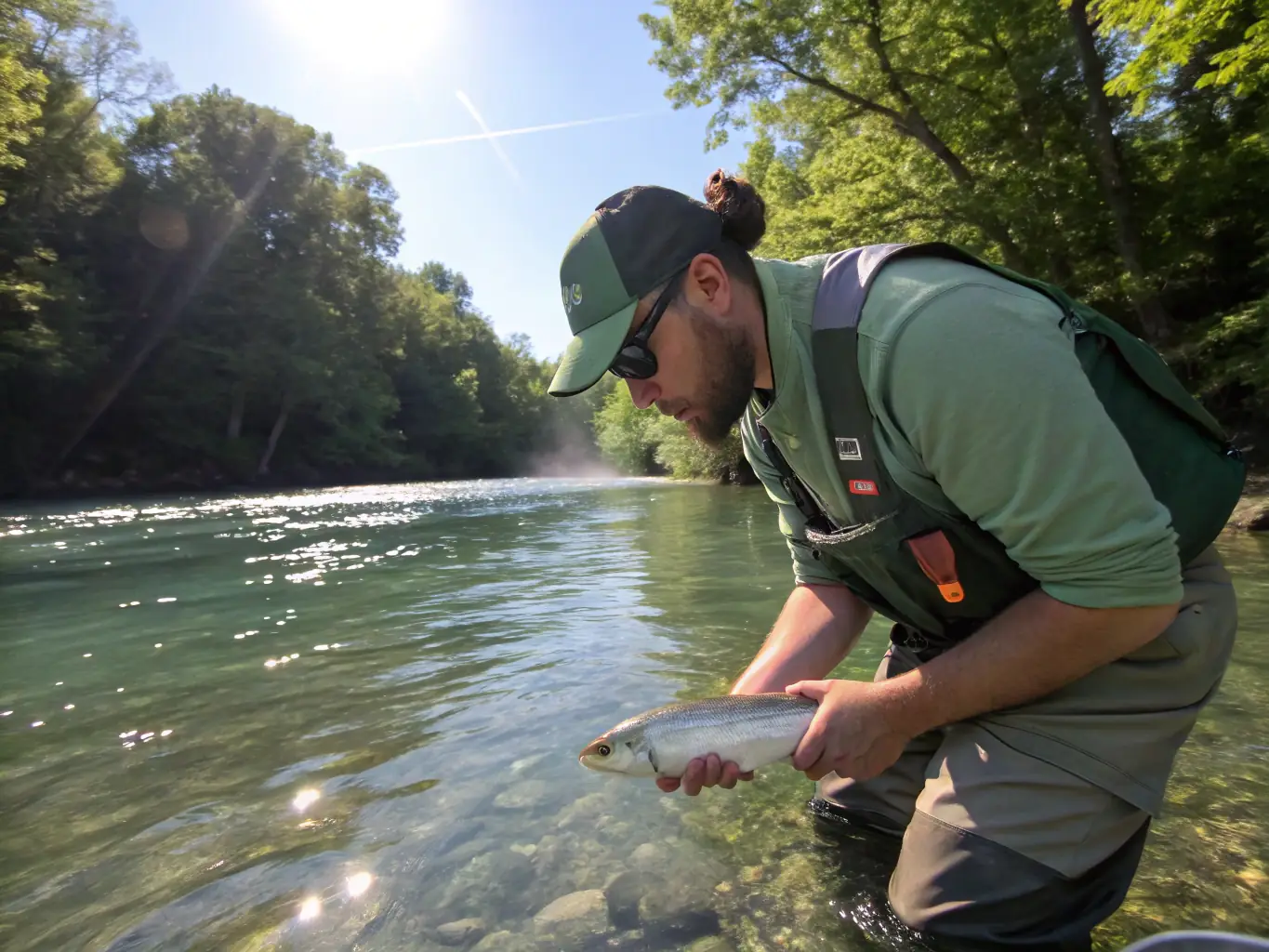 An angler carefully releasing a fish back into the water, with a scenic coastal backdrop, representing the Responsible Recreational Fishing initiative.