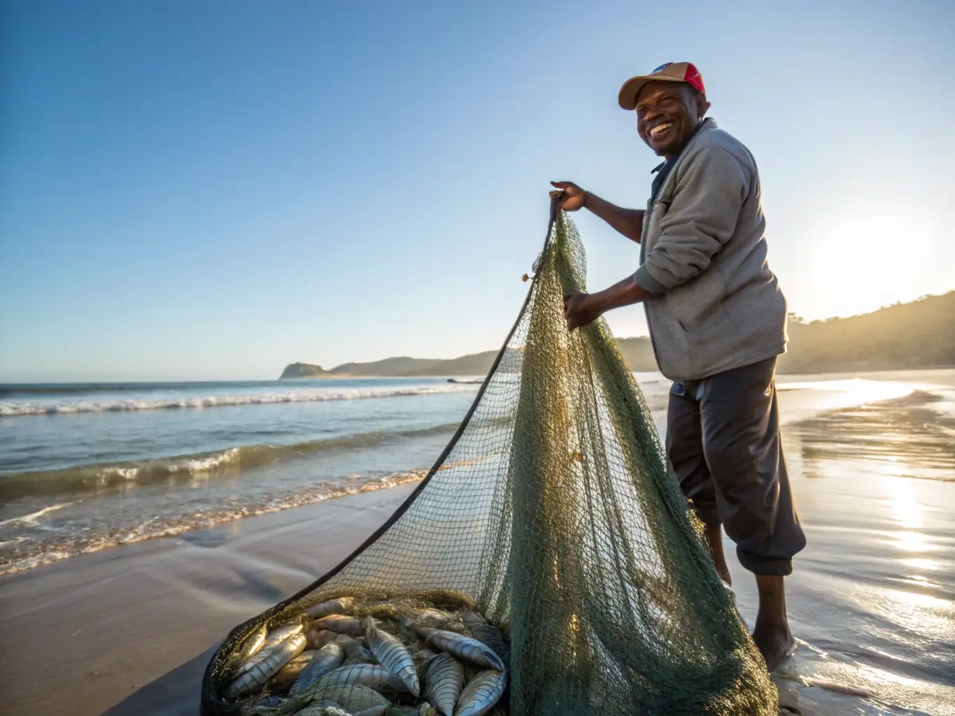 A person demonstrating catch-and-release fishing techniques, with a focus on the careful handling of the fish. The background shows a serene coastal environment, highlighting the importance of preserving fish populations.