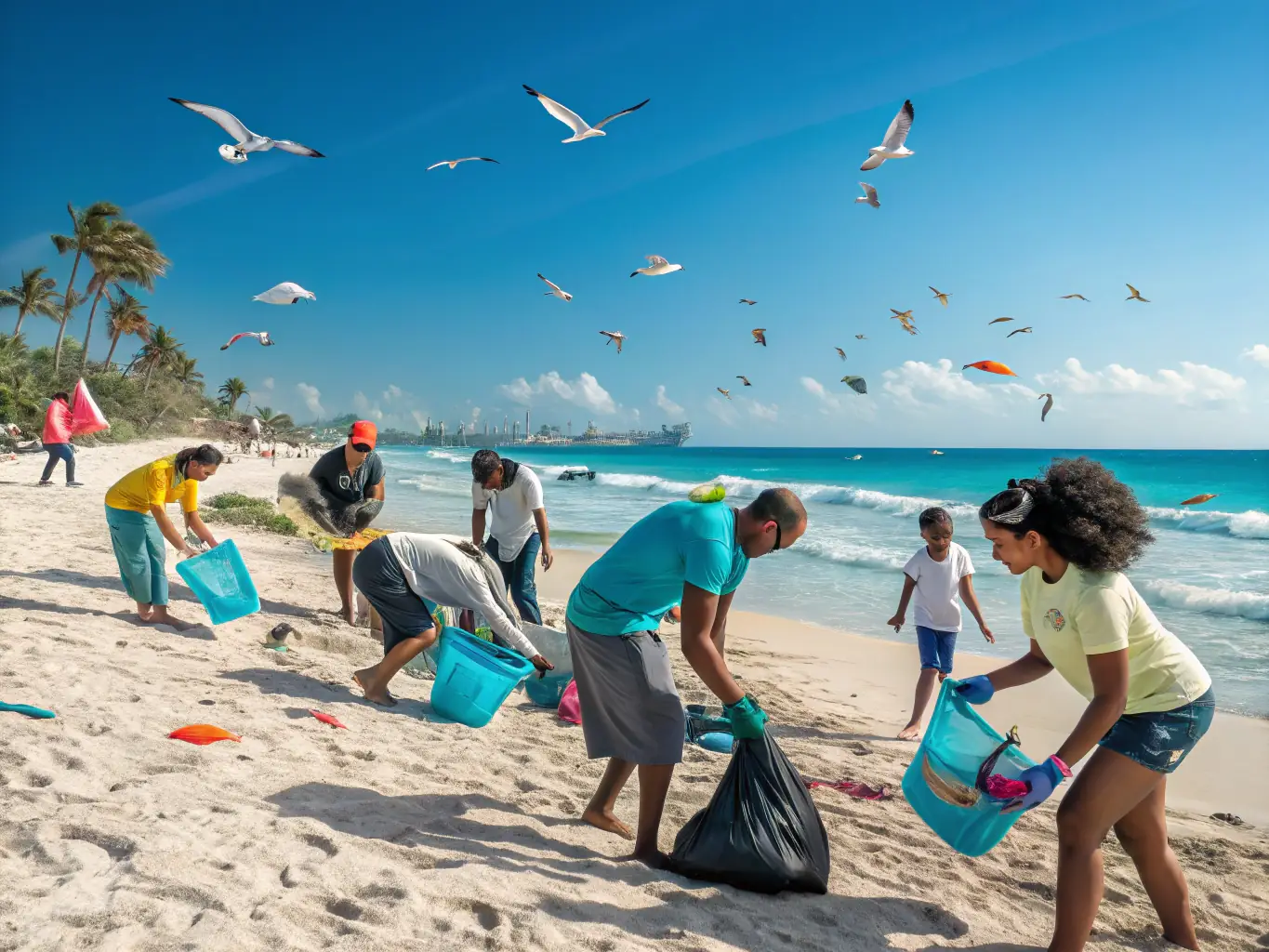 A group of volunteers cleaning up a beach, removing plastic bottles and other debris, with the AMORE LES POISSONS logo subtly visible on their t-shirts. The scene is bright and sunny, emphasizing the positive impact of their work.